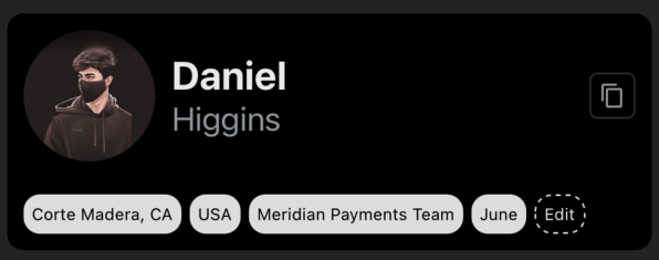 Simmer bio card for a contact named Daniel Higgins showing his photo and context tags: Corte Madera, CA, USA, Meridian Payments Team, and June.