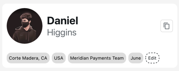 Simmer bio card for a contact named Daniel Higgins showing his photo and context tags: Corte Madera, CA, USA, Meridian Payments Team, and June.