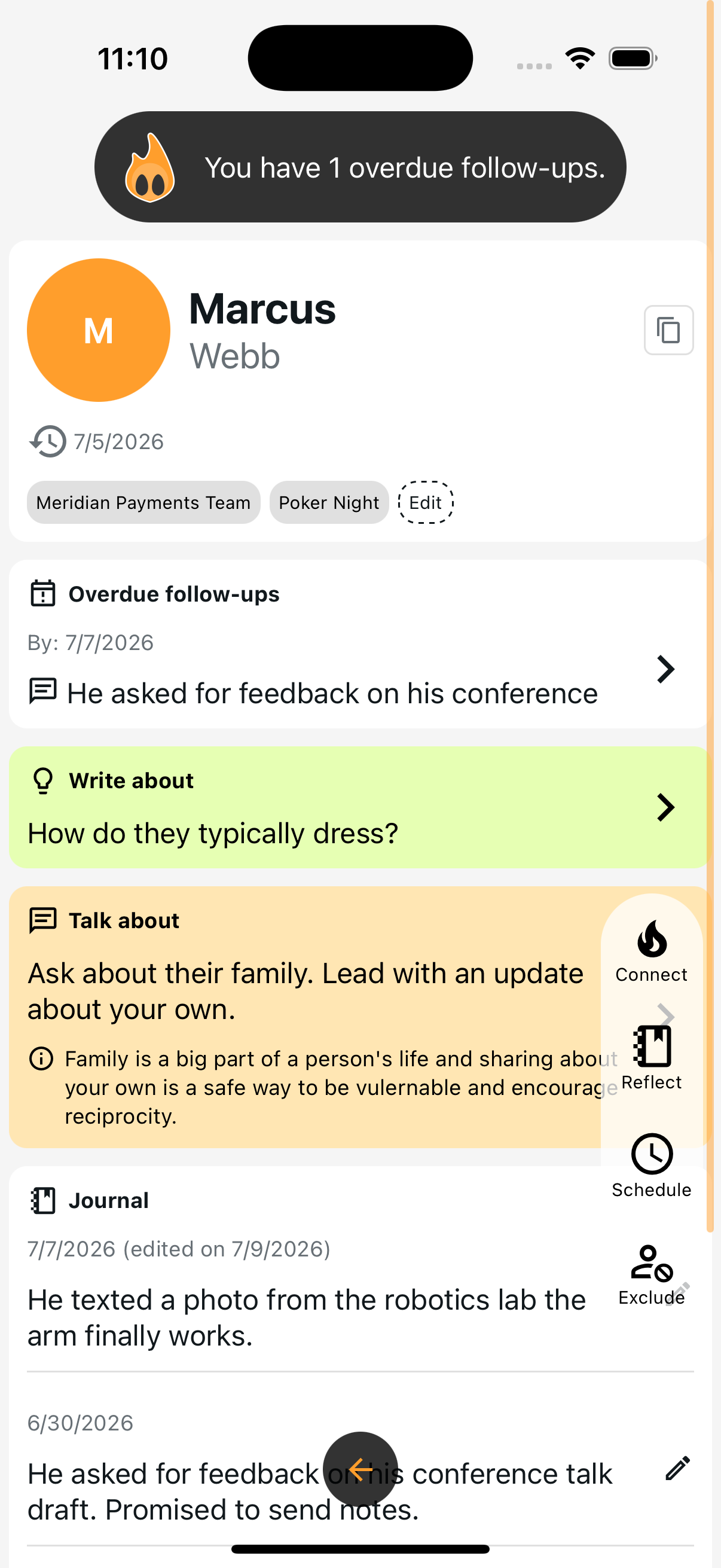 Simmer's focus screen for a contact named Marcus Webb, showing his labels, an overdue follow-up, a suggested topic to talk about, recent journal entries, and quick actions to connect, reflect, schedule, or exclude.