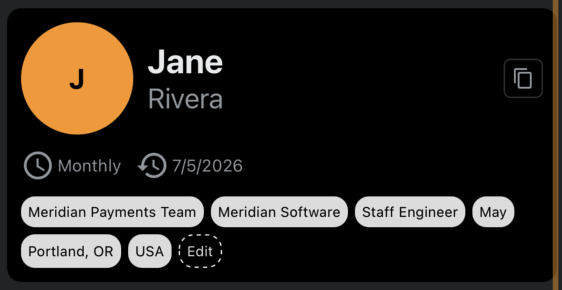 Simmer bio card for a contact named Jane Rivera showing a monthly cadence and context tags: Meridian Payments Team, Meridian Software, Staff Engineer, May, Portland, OR, and USA.