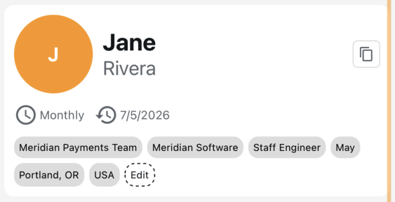 Simmer bio card for a contact named Jane Rivera showing a monthly cadence and context tags: Meridian Payments Team, Meridian Software, Staff Engineer, May, Portland, OR, and USA.