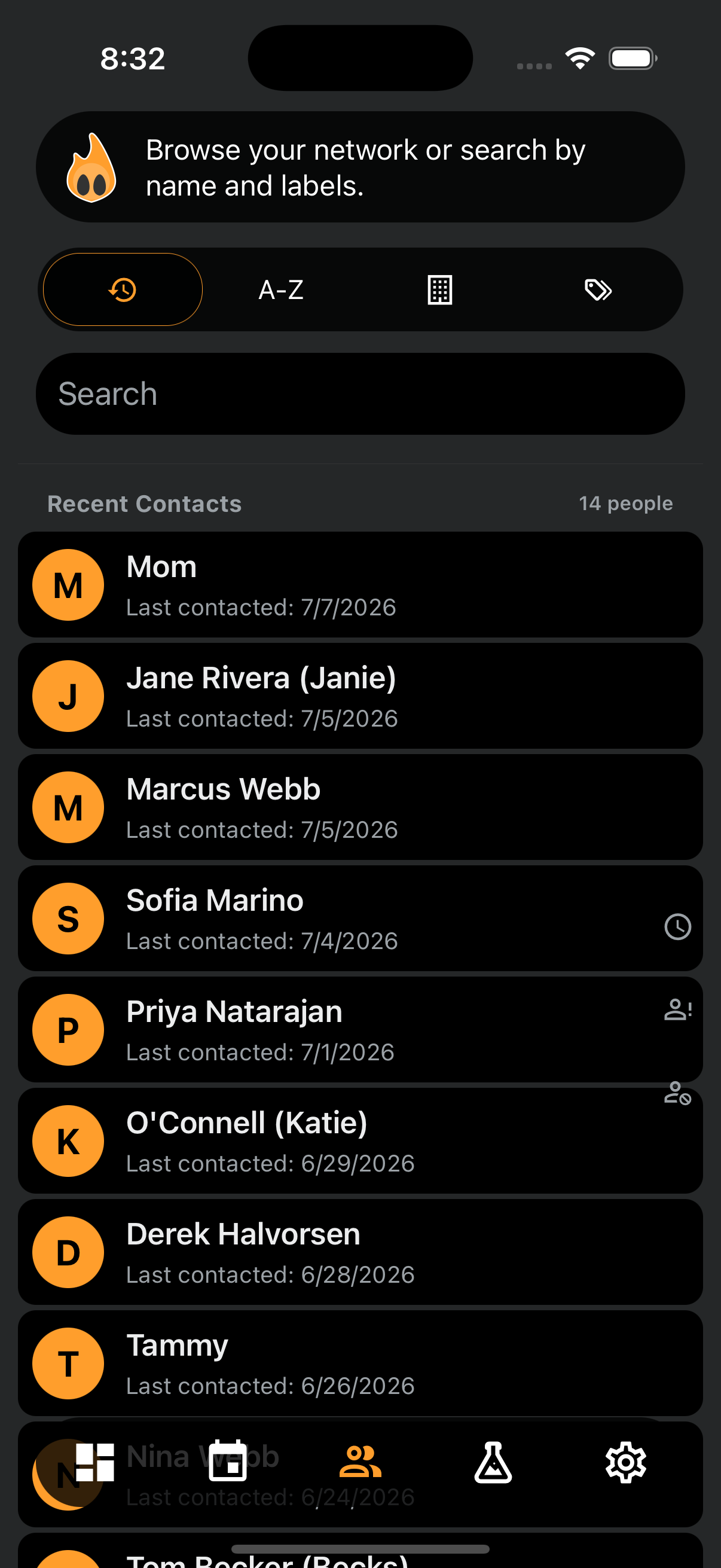 Simmer's Network screen listing recent contacts with the date each person was last contacted, plus search and browsing options by name and label.