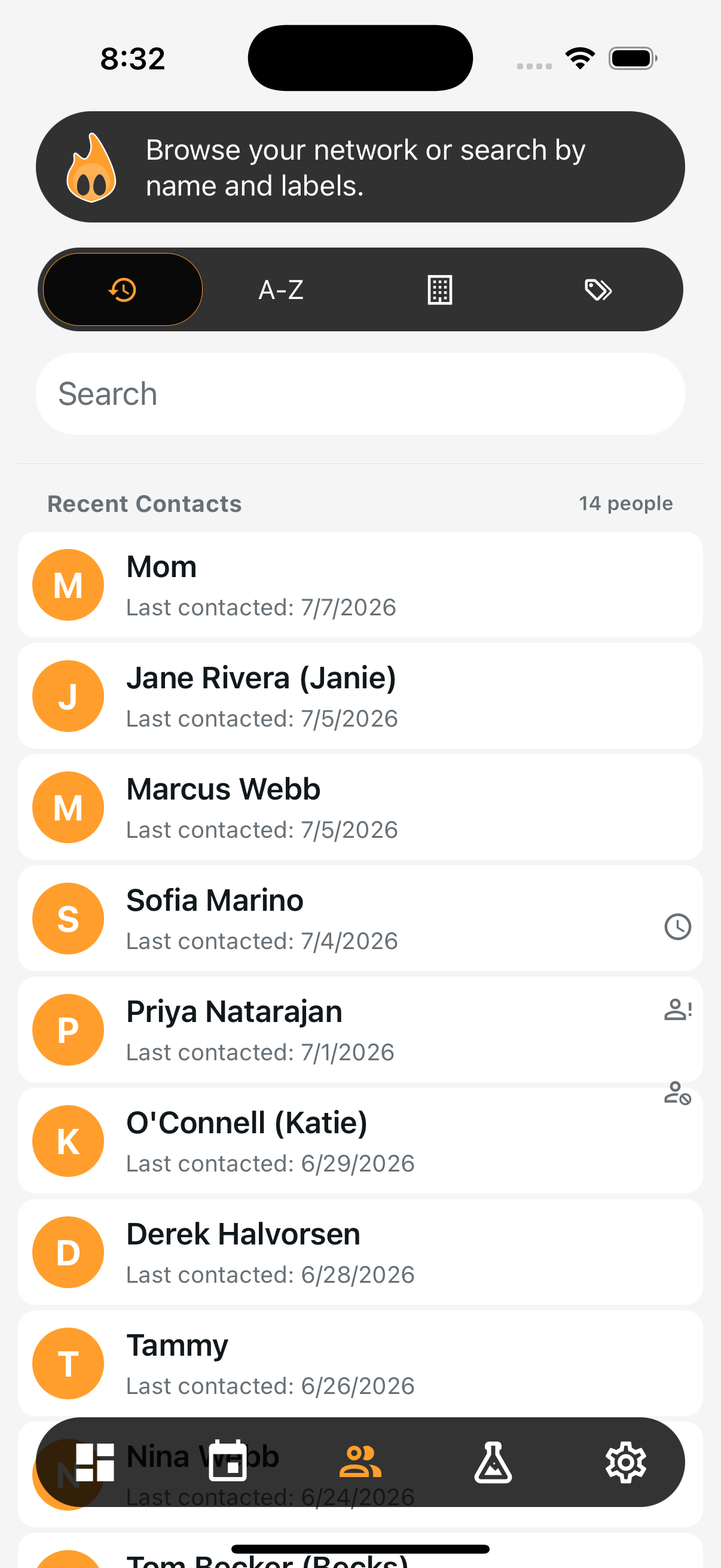 Simmer's Network screen listing recent contacts with the date each person was last contacted, plus search and browsing options by name and label.
